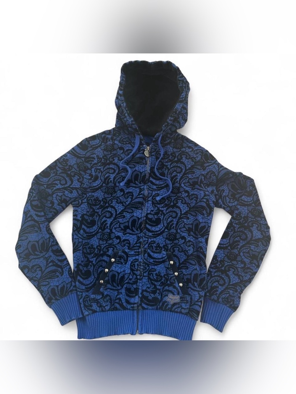VTG Fox Racing Hoodie Women’s M-Velvet Lace Burnout Studded Y2K Cyber Grunge